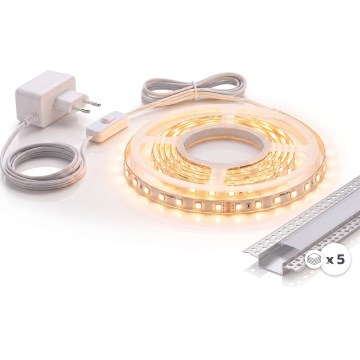 КОМПЛЕКТ 1× LED-стрічка MYLIVING LIGHTSTRIP LED/22W/230V 5 м + 5× вбудованих профілів 1 м сріблястий/білий