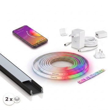 КОМПЛЕКТ 1× регульована RGBW світлодіодна стрічка Philips Hue WHITE AND COLOR AMBIANCE LED/20 Вт/230 В, 2 м + 2× вбудований профіль 1 м, чорний/білий