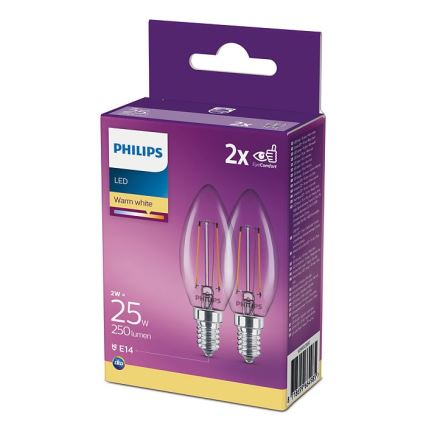 КОМПЛЕКТ 2x LED Лампочка Philips B35 E14/2W/230V 2700K