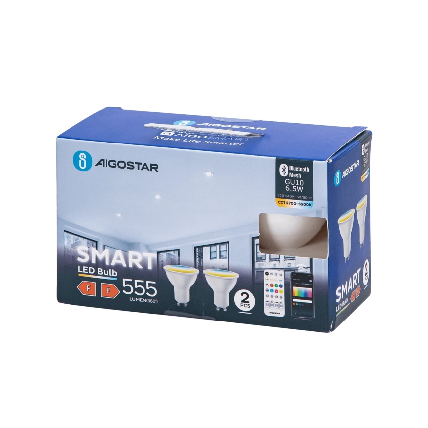 Комплект из 2 светодиодных диммируемых ламп MESH Smart GU10/6,5W/230V 2700-6500K + пульт дистанционного управления - Aigostar