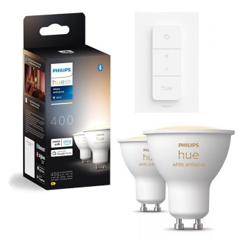 Комплект из 2 диммируемых светодиодных ламп Philips Hue WHITE AMBIANCE GU10, 4,2 Вт/230 В, 2200–6500 K + диммер-переключатель