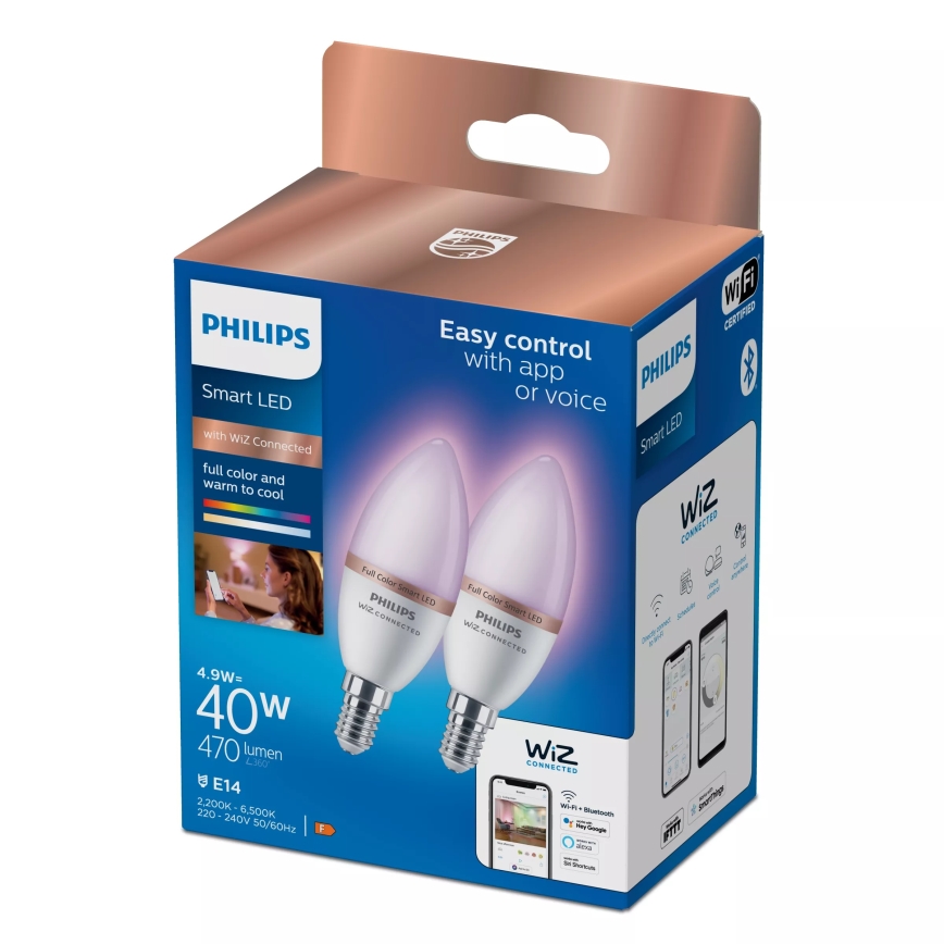 НАБІР 2x LED RGB диммована лампа Philips SMART C37 E14/4,9W/230V 2200-6500K CRI 90
