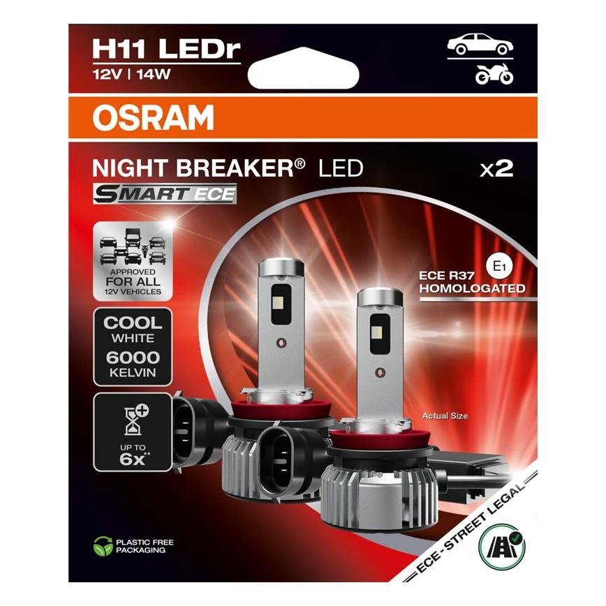 Комплект из 2 шт. LED-ламп NIGHT BREAKER SMART H11 PGJ19-2/14W/12V 6000K - Osram