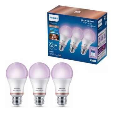Комплект із 3 RGB LED-ламп із регулюванням яскравості Philips SMART A60 E27/8,8W/230V 2200-6500K