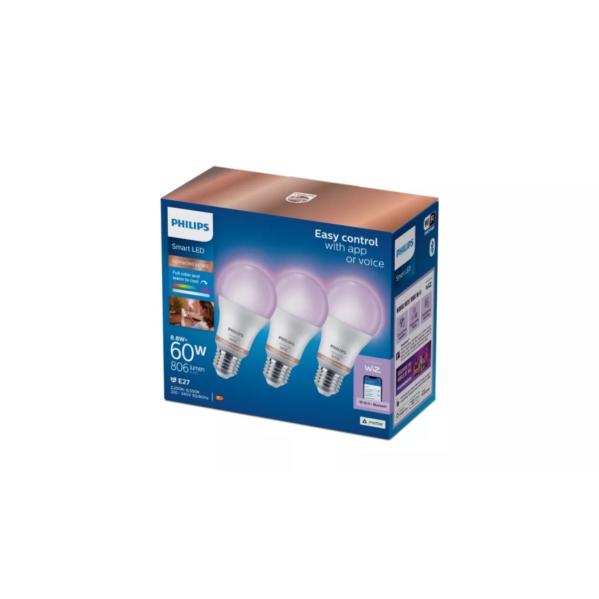 Комплект із 3 RGB LED-ламп із регулюванням яскравості Philips SMART A60 E27/8,8W/230V 2200-6500K