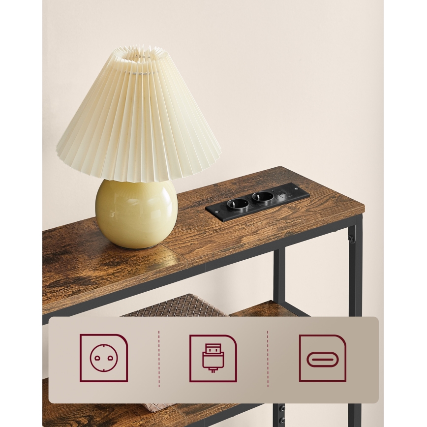 Консольный столик с встроенными розетками и USB-портами LUVOR 80x20 cm коричневый/чёрный