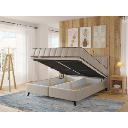 Обитая кровать с матрасами и топпером, с местом для хранения ALICIA 180x200 см бежевого цвета