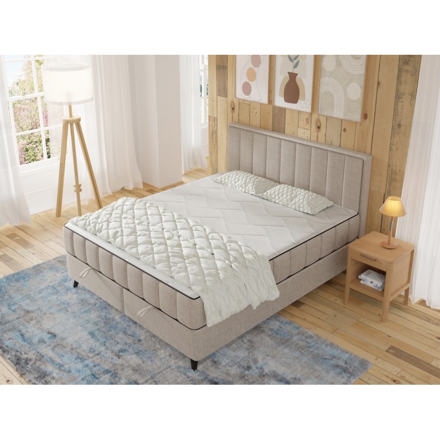 Обитая кровать с матрасами и топпером, с местом для хранения ALICIA 180x200 см бежевого цвета