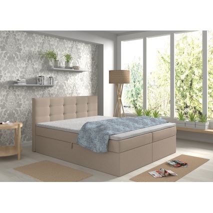 Обитая кровать с матрасами и топпером, с местом для хранения EMBER 160x200 см бежевого цвета