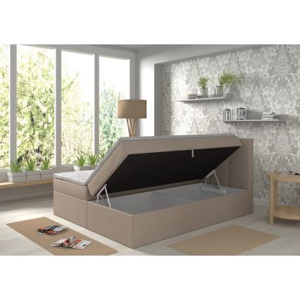 Обитая кровать с матрасами и топпером, с местом для хранения EMBER 160x200 см бежевого цвета