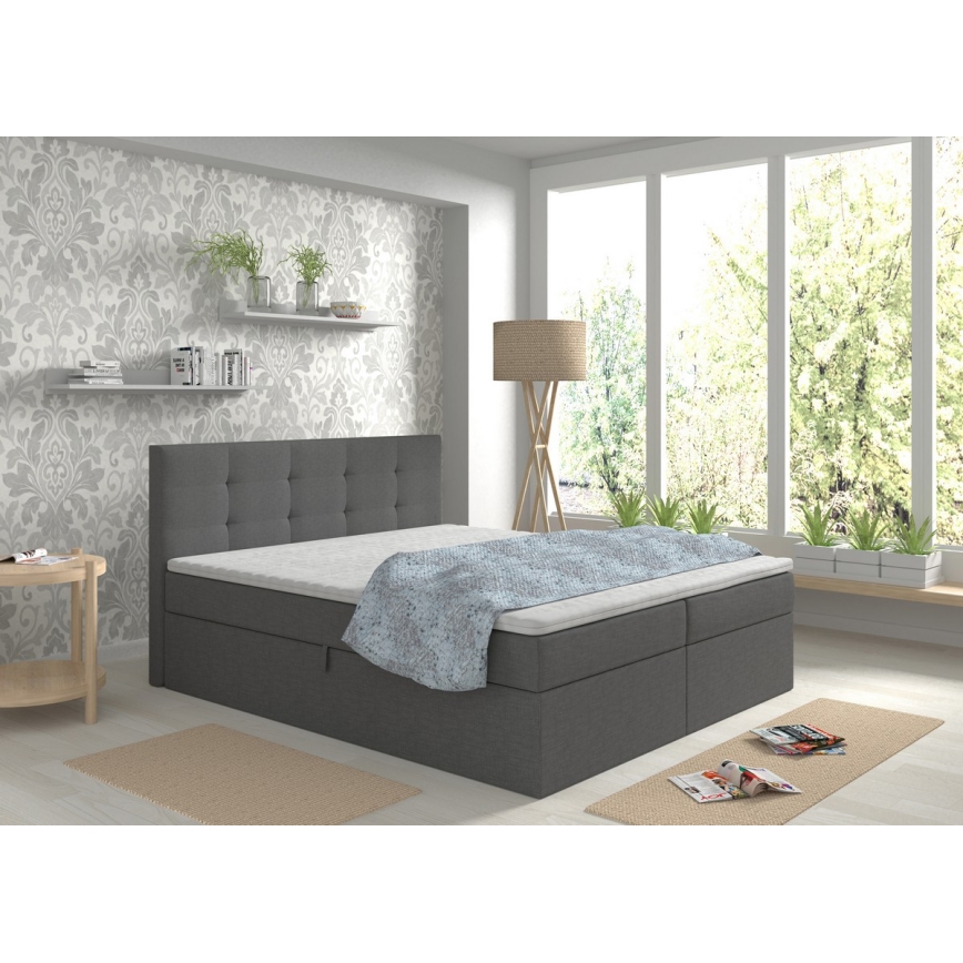 Обитая кровать с матрасами и топпером, с местом для хранения EMBER 180x200 см антрацит