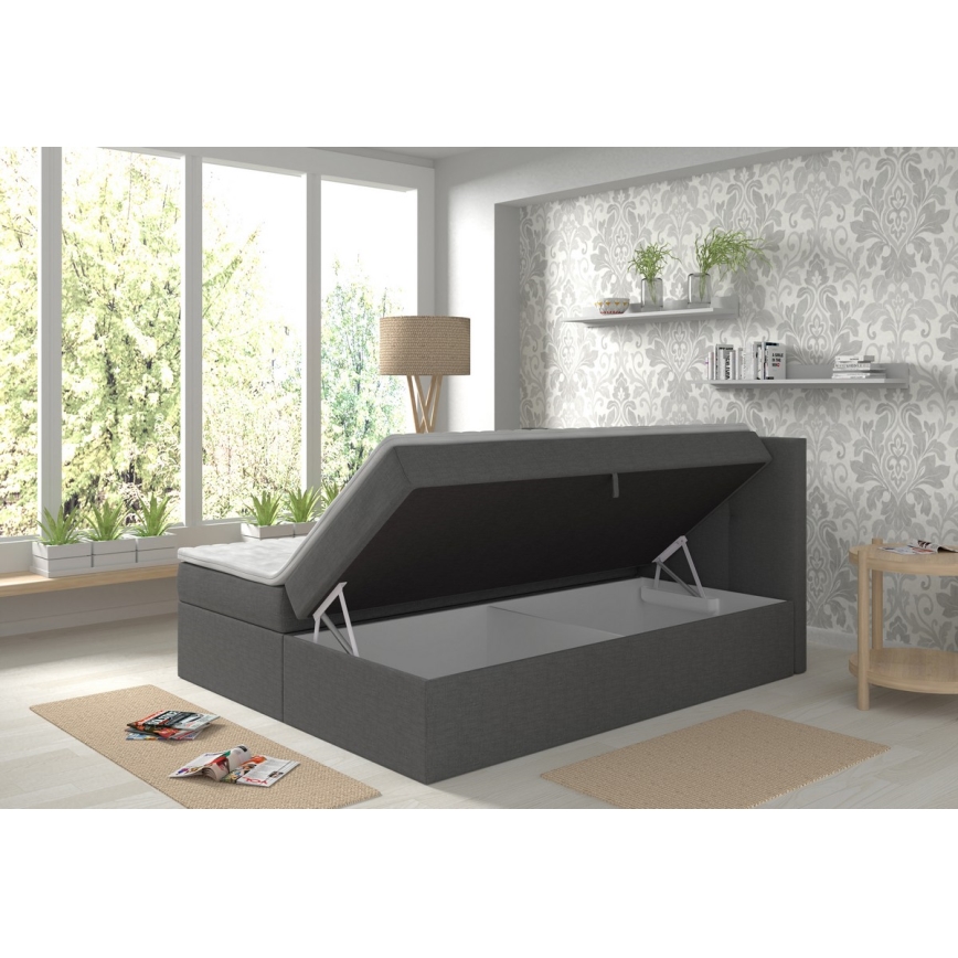 Обитая кровать с матрасами и топпером, с местом для хранения EMBER 180x200 см антрацит