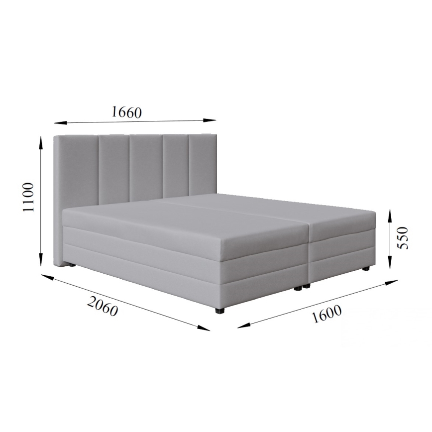 Обитая кровать с пружинным матрасом и ящиком для хранения ISABEL 160x200 светло-серая