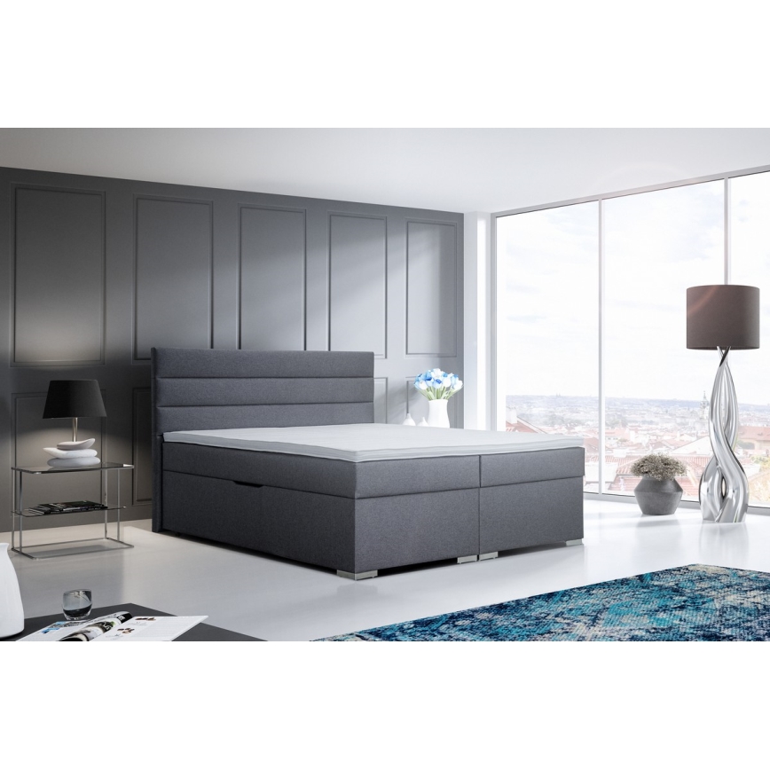 Обитая кровать с местом для хранения и матрасами с топпером NEW BOLERO 160x200 см, серая