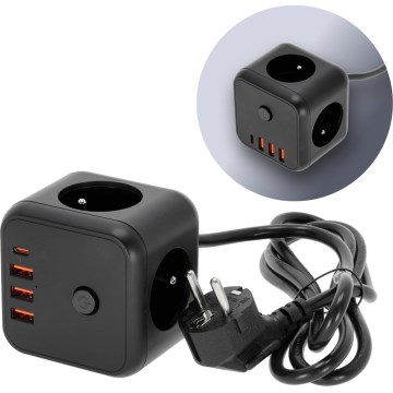 Куб-удлинитель с выключателем LINEA 3x230V + 4xUSB A/C черный