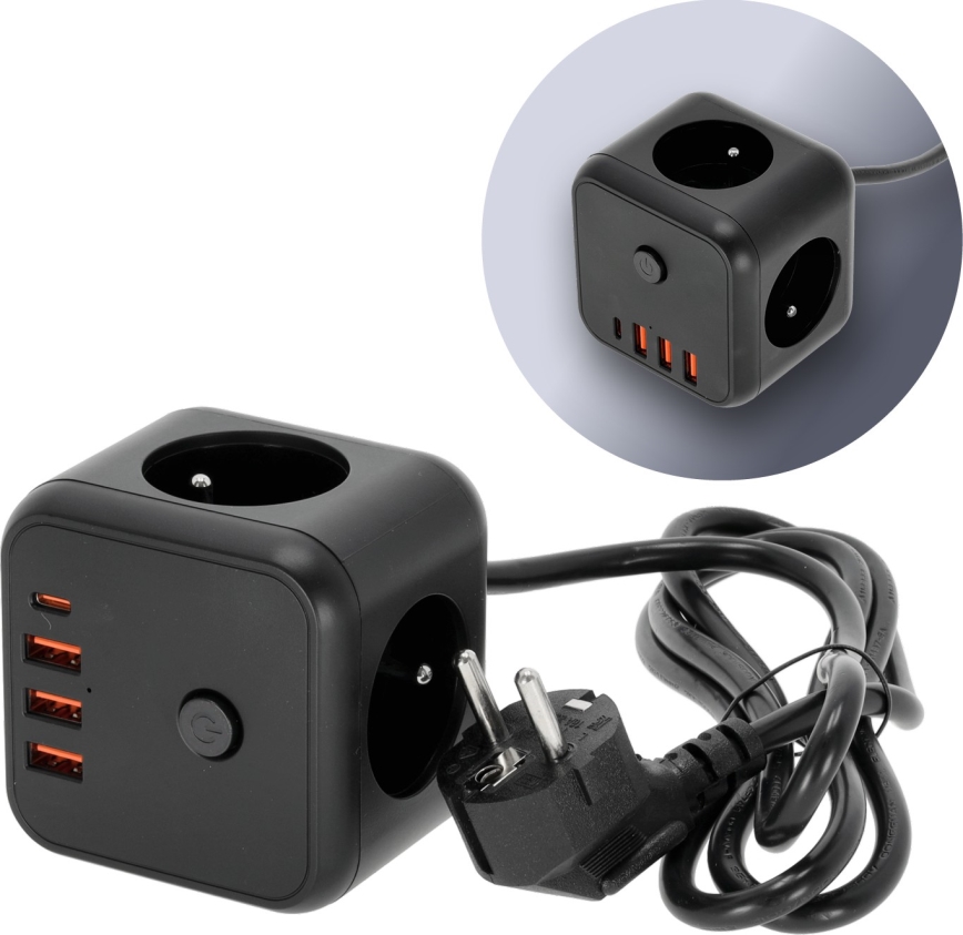 Куб-удлинитель с выключателем LINEA 3x230V + 4xUSB A/C черный