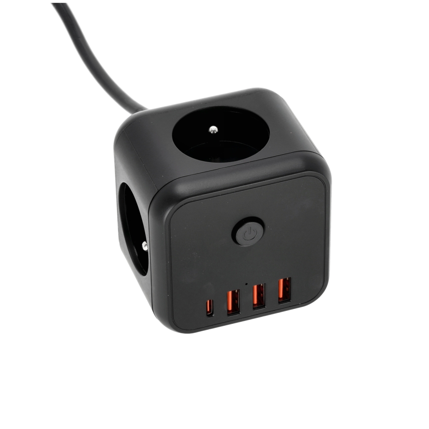 Куб-удлинитель с выключателем LINEA 3x230V + 4xUSB A/C черный