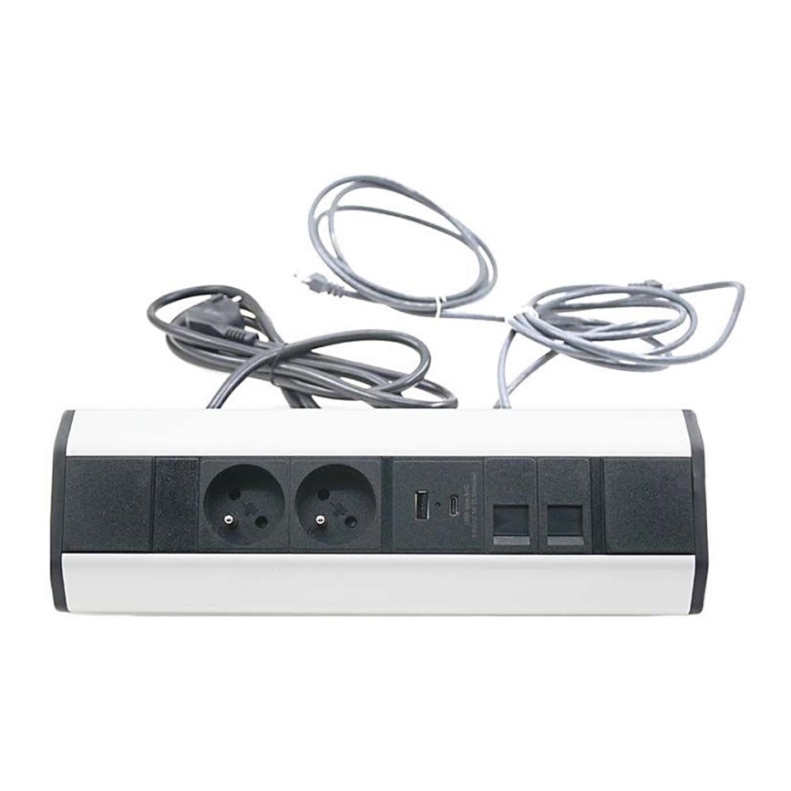 Кутовий розетковий блок 2x 230V + 2x USB + 2x RJ45 230V