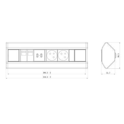 Кутовий розетковий блок 2x 230V + 2x USB + 2x RJ45 230V