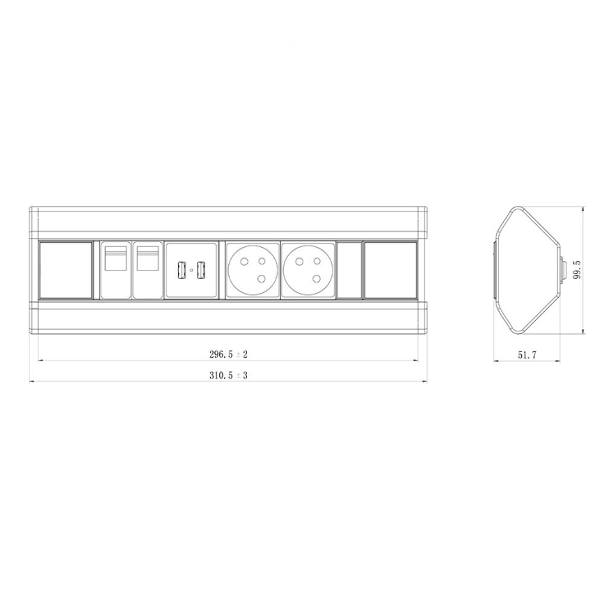 Кутовий розетковий блок 2x 230V + 2x USB + 2x RJ45 230V