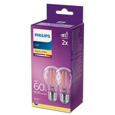 КОМПЛЕКТ 2x LED Лампочка Philips A60 E27/7W/230V 2700K