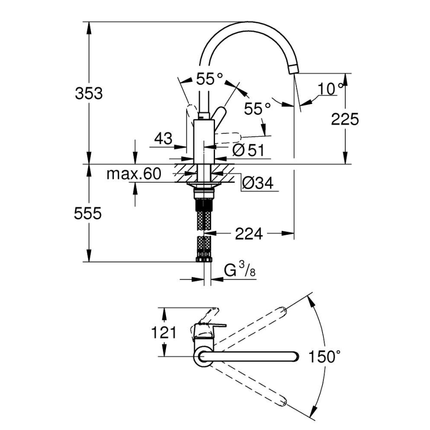 ҐРОХЕ 31494001 - Змішувач для кухонної мийки ҐЕТ, полірований хром